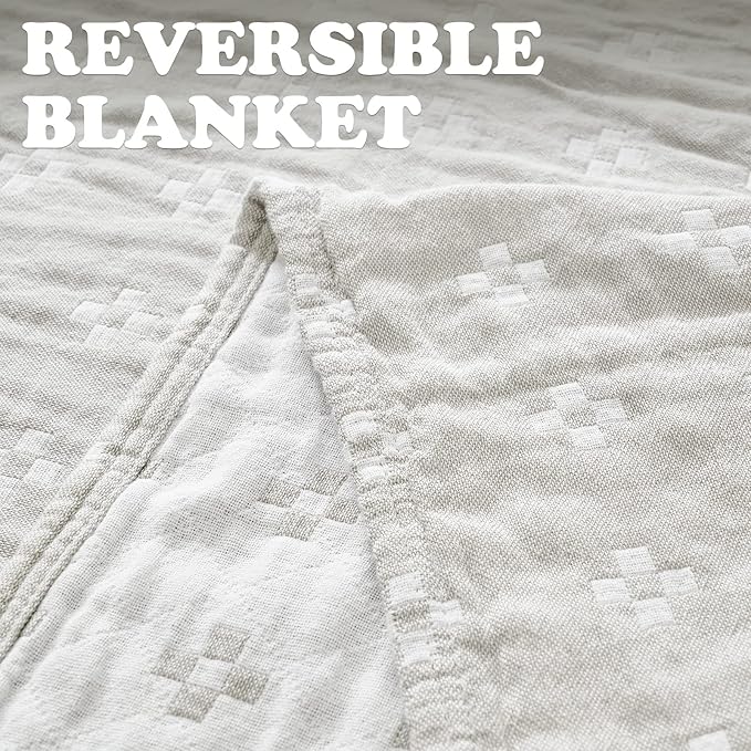 jinchan Boho 100% Cotton Blanket Muslin 50x60 Inches Lightweight 3-Layer Geometric Cross Pattern Reversible Quilt Throw Soft Breathable Comfy All Seasons for Couch Bed Decor, Light Grey-Ruum Studio Home