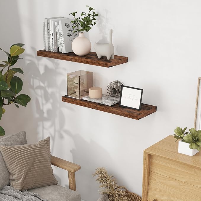 Fun Memories 32 Inch Floating Shelves, Farmhouse Wood Floating Shelf Set of 2, 32 x 9 Floating Shelf Wall Mounted, Deep Storage Display Shelves for Kitchen, Bedroom, Living Room, Rustic Brown Color-Ruum Studio Home