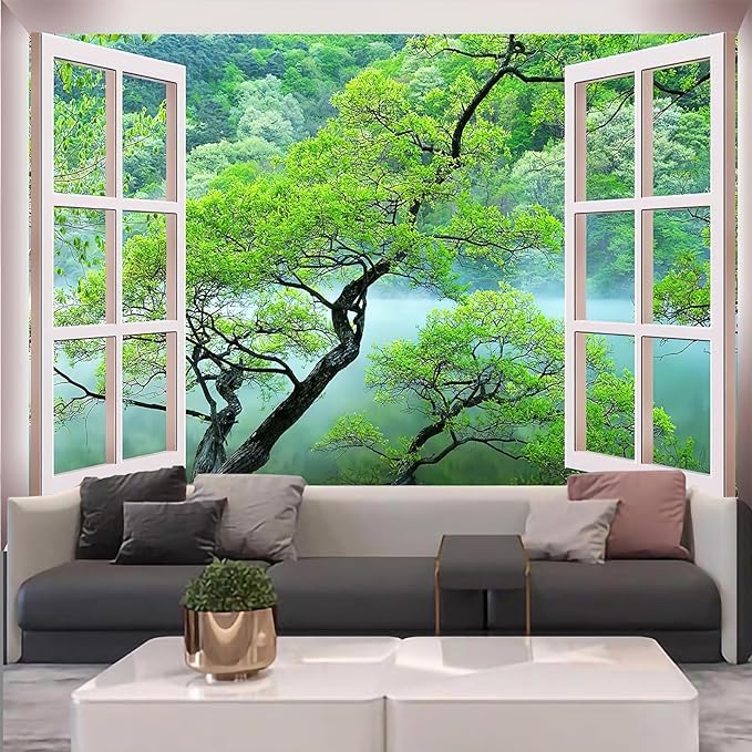 FENDROM Misty Lake Forest Tapestry Wall Hanging Nature Green Tree Landscape Window View Tapestries for Bedroom Living Room Dorm Decor-Ruum Studio Home
