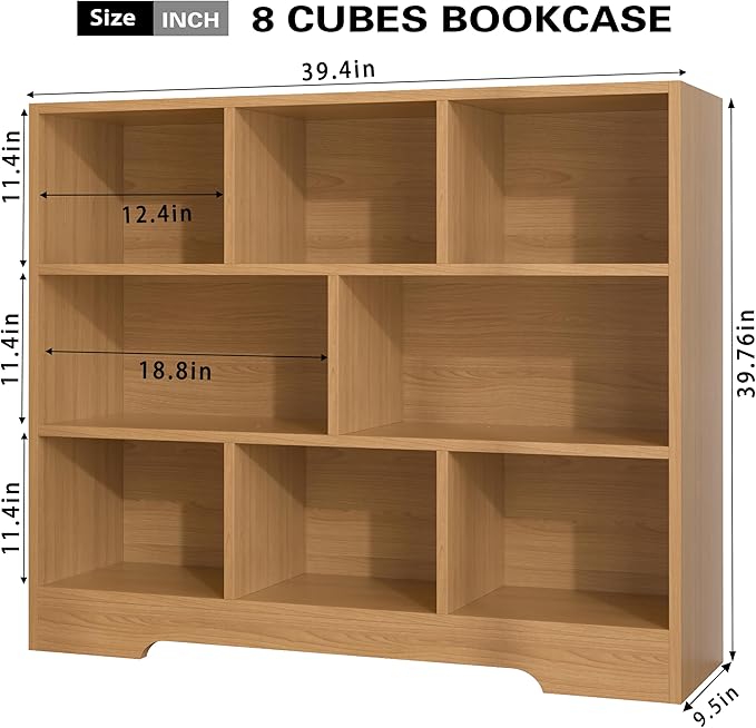 Book Shelf Set of 2, 8 Cubes Storage Organizer, 3-Tier Open Shelf Wooden Bookcase, Freestanding Wooden Bookshelf Cube Shelf for Bedroom, Living Room, Home Office-Ruum Studio Home