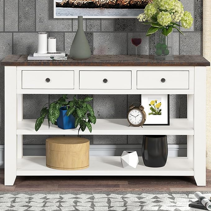 Farmhouse Wood Entryway Console Table 48-Inch Modern Sofa Entry Table with Drawers and Storage Shelves for Entrance Living Room (Antique White)-Ruum Studio Home