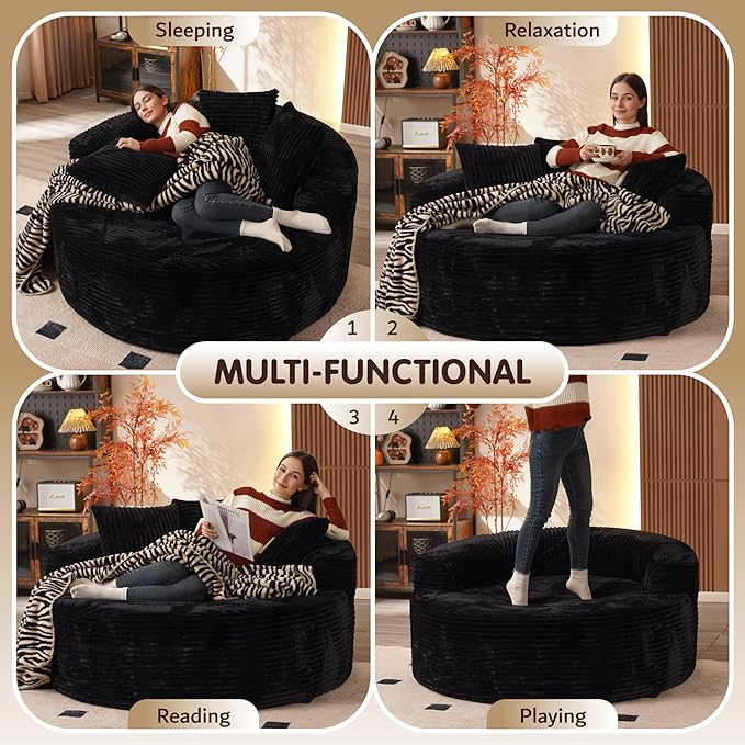 ovios 58" Oversized Round Chair Lounge Chaise Indoor, No Assembly Required, Cloud Large Circle Chair with Plush Fuax Fur, Fluffy Modern Sleeper Sofa Bed for Reading Yoga, Black (Plush Corduroy Fabric)-Ruum Studio Home
