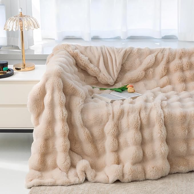 RYNGHIPY Faux Fur Blanket for Couch Fluffy Warm Throw Blanket for Sofa Bed Thick Furry Bubble Blanket (Camel, 51''x63'')-Ruum Studio Home