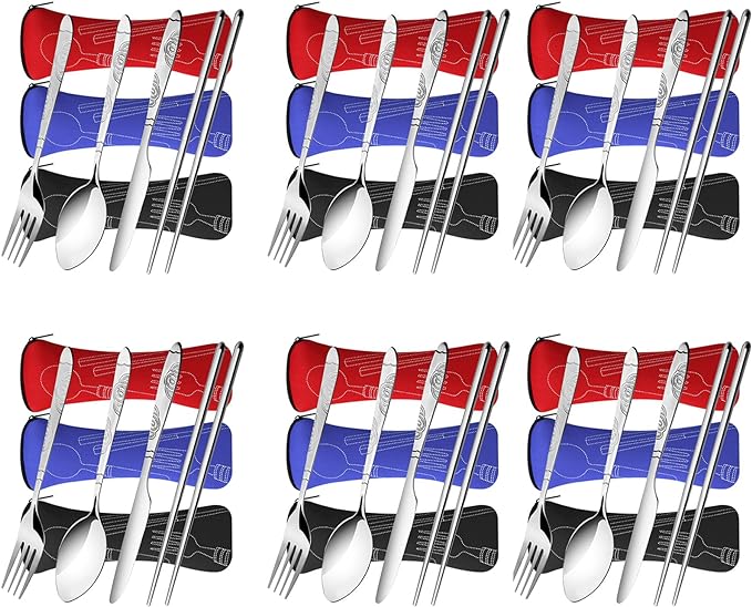 6 Pack Reusable Flatware Sets Knife, Fork, Spoon, Chopsticks, 24Pcs Portable Travel Stainless Steel Tableware Dinnerware with Carrying Case-Ruum Studio Home