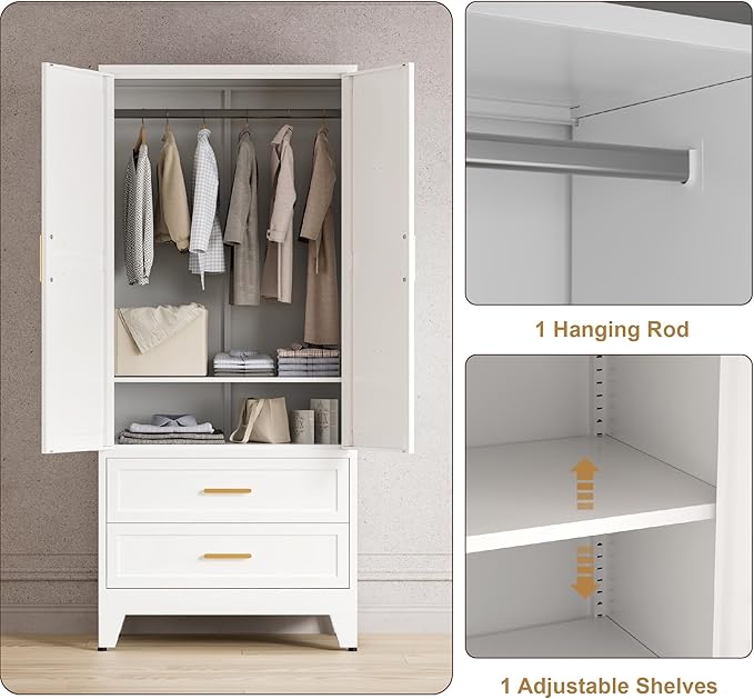 71'' Farmhouse Metal Wardrobe Cabinet with Hanging Rod, 2 Barn Door Wardrobe Closet with Adjustable Shelves,2 Drawer,for Dining Room,Bedroom,Living Room, Cloak Room,Office (White)-Ruum Studio Home