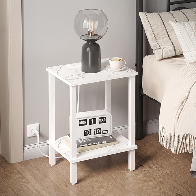 TUTOTAK End Table with Charging Station, Set of 2, Small Side Table, Nightstand Bedside Table, 2-Tier Storage Shelf for Small Space, Living Room, Bedroom, Marble White TB01BMW041-Ruum Studio Home
