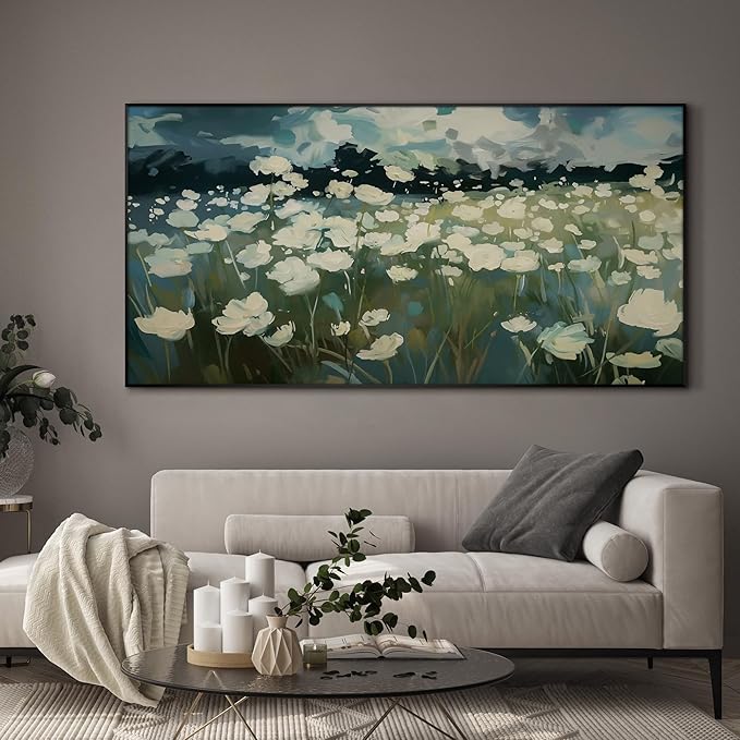 SIGNWIN 36"x72" Extra Large Framed Wall Art White Wildflower Field in Impressionist Style, Soft Floral Landscape for Home Living Room Bedroom Decor (Frame Assembly Required)-Ruum Studio Home