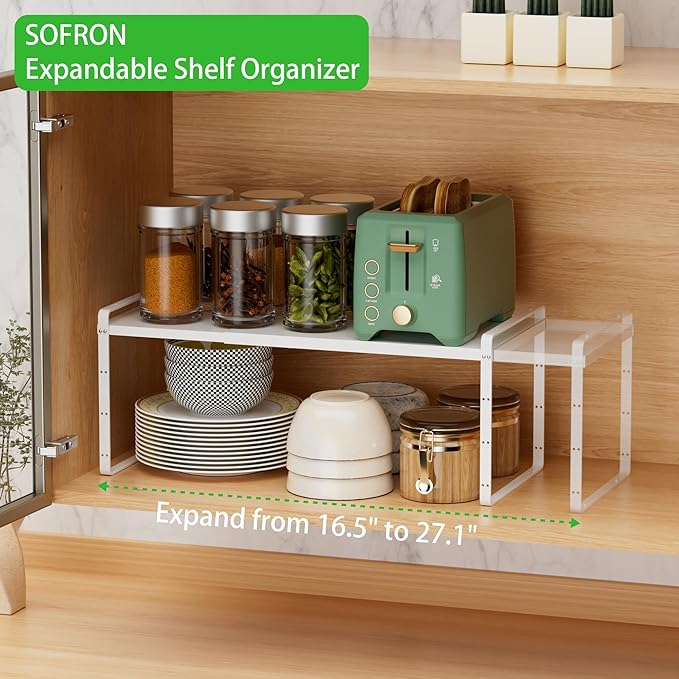 Expandable Cabinet Storage Shelf Stackable Organizer Rack for Kitchen Bathroom Pantry Spice Cupboard Countertop Home Office Desk Heavy Duty Nonslip White Large 1 Pack-Ruum Studio Home
