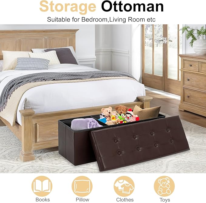43 Inches Folding Storage Ottoman Bench, PU Leather Storage Chest, Footrest Padded Seat for Bedroom and Hallway, Holds up to 660 lbs, Brown-Ruum Studio Home