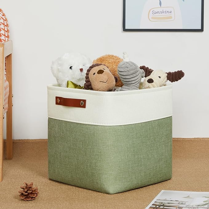 DULLEMELO Storage Basket, Linen Closet Organizers and Storage Baskets for Home Office, Suitable as Dog Toy Box, Baby Gift Basket, 4 Pieces 12x12 Decorative Cube Storage Bins(4 Pack - 12" White&Green)-Ruum Studio Home