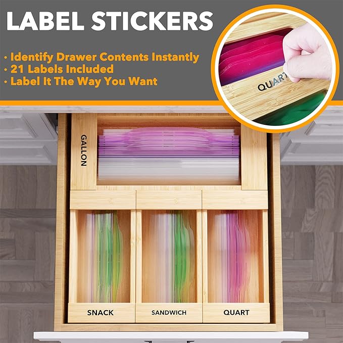 SpaceAid Bag Storage Organizer for Kitchen Drawer, Bamboo Organizer, Compatible with Gallon, Quart, Sandwich and Snack Variety Size Bag (4 Pack)-Ruum Studio Home