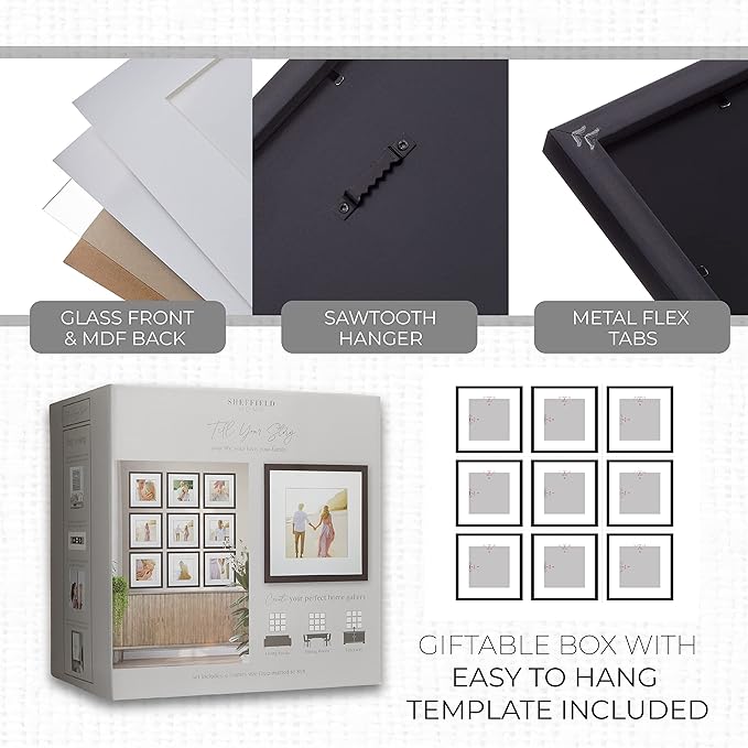 Sheffield Home 9 Piece Gallery Wall Frame Set, 12x12 in. Matted to 8x8 in. (Matte Black)-Ruum Studio Home
