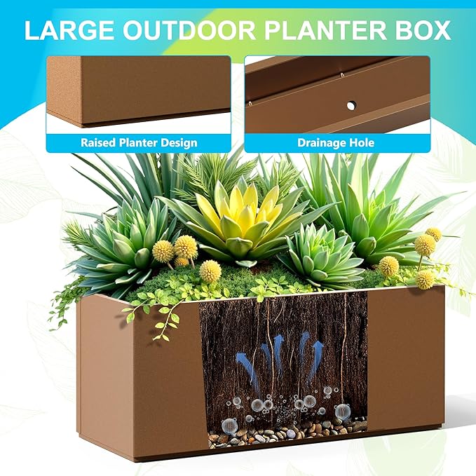 FENCY Large Metal Planter, Large Rectangular Planters for Outdoor Plants, Tall Outdoor Planters for Porch Patio, 38" L x 15" W x 16.3" H Brown Metal Planter with Drainage Hole-Ruum Studio Home