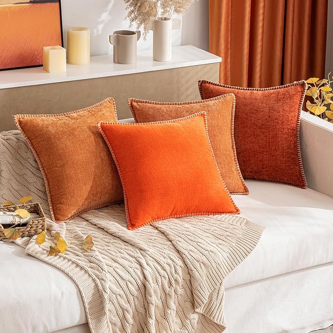 MIULEE Pack of 2 Fall Couch Throw Pillow Covers 20x20 Inch Bright Orange Farmhouse Decorative Pillow Covers with Stitched Edge Soft Chenille Solid Dyed Pillow Covers for Sofa Bed Living Room-Ruum Studio Home