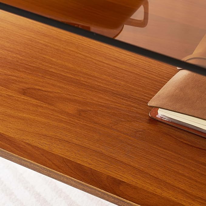 Oval Glass Coffee Table, Mid-Century Modern Design, L41 x W21 x H17 inch, for Living Room, 2-Tier Structure, Amber Glass Top and Walnut Finish Wood Shelf, Conical Legs with Gold Finish Frame-Ruum Studio Home