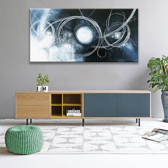 TAIJXAGSG Abstract Wall Art Modern Wall Decorations Maximalist Dark Blue Canvas Wall Art Decor Prints White Line Artwork For Living Room Bedroom Kitchen Office Artwork Ready To Hang 24"×48"-Ruum Studio Home