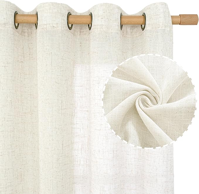 LAMIT Cream Linen Sheer Curtains 54 Inch Length 2 Panels Set, Short Linen Textured Light Filtering Panels Bronze Grommet Neutral Drapes for Small Windows/Bedroom/Kitchen, 34 x 54 Inch-Ruum Studio Home