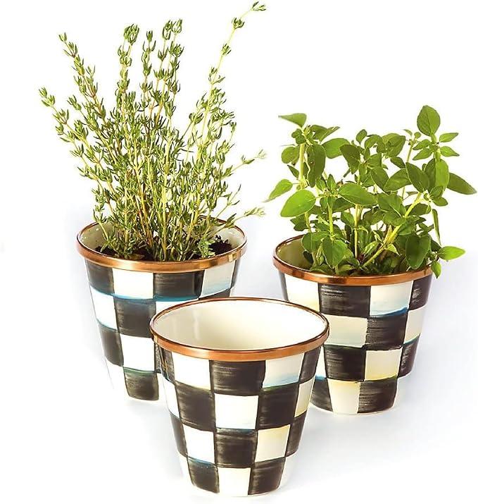 MACKENZIE-CHILDS Enamel Herb Pots, Small Plant Pots for Herbs or Flowers, Set of 3, Black-and-White Courtly Check-Ruum Studio Home