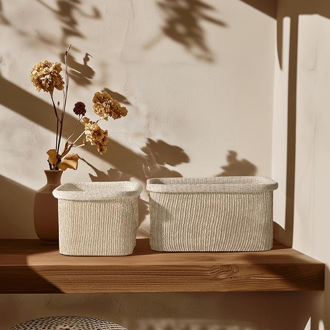 La Jolie Maison Blended Fabric Storage Baskets Set of 2, Rectangle Knitted Baskets for Organizing, Boho Decorative Baskets, Durable Finish, Oatmeal-Ruum Studio Home