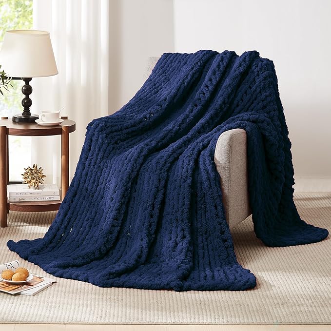 L'AGRATY Chunky Knit Blanket Throw - Soft Throw Blanket 60x80: 100% Hand Kintted Chenile Crochet Throw Blanket for Couch - Large Cable Knit Blanket for Home Decor(Dark Blue)-Ruum Studio Home