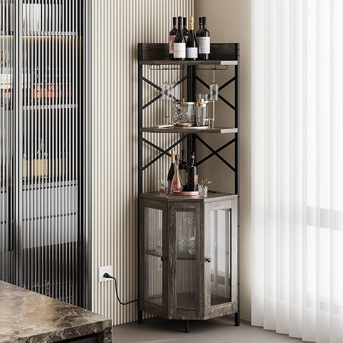Corner Bar Cabinet with Power Outlet, 5-Tier Corner Wine Cabinet with Led Strip and Glass Holder, Industrial Tall Liquor Cabinet Bar Wine Rack for Home, Grey Oak-Ruum Studio Home