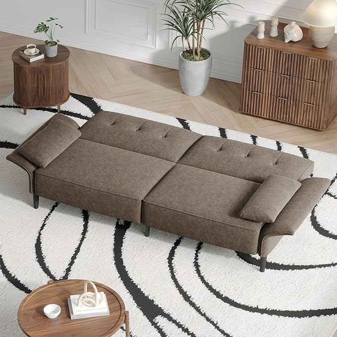 89” Futon Sofa Bed, Comfy Futon Couch Bed with 2 Square Pillows, Convertible Sleeper Sofa with Adjustable Backrest& Armrests, Modern Loveseat Sleeper for Living Room, Bedroom, Light Brown-Ruum Studio Home