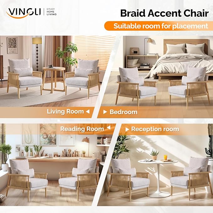 VINGLI Boho Braid Accent Armchairs Set of 2,Mid-Century Modern Chiars with Solid Wooden Armrest,Comfy Louge Cushion Chairs with Waist Pillow for Bedroom,Living Room,Reading Room, Light Grey-Ruum Studio Home