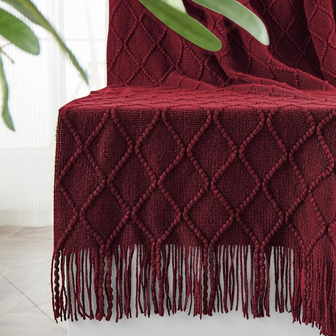 inhand Knitted Throw Blankets for Couch and Bed, Soft Cozy Knit Blanket with Tassel, Claret Lightweight Decorative Blankets and Throws, Farmhouse Warm Woven Blanket for Men and Women, 50"x60"-Ruum Studio Home