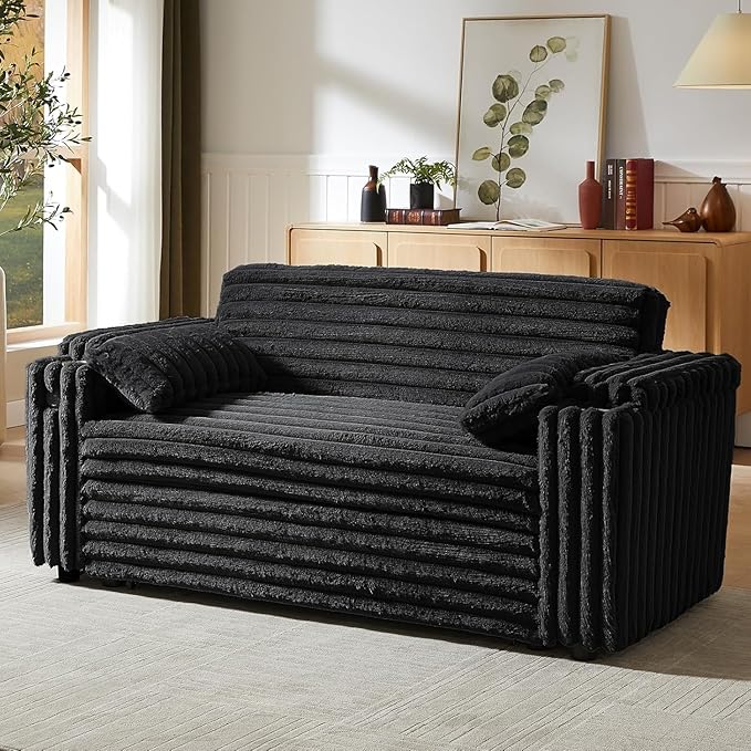 57-Inch Velvet Full Size Sleeper Sofa Couch with Pullout Bed,Convertible Pull Out with Golden Decorative Strip and Adjustable Backrest for Small Spaces,Apartment, Guest Room, RV (1109Black)-Ruum Studio Home