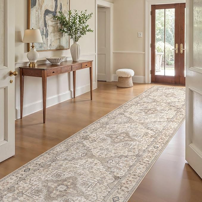 Washable 3x20 Runner Rug - Area Rugs Neutral Vintage Distressed Floral Farmhouse Boho Large Soft Floor Rug Indoor Carpet for Hallway Entryway Home - Brown/Multi-Ruum Studio Home