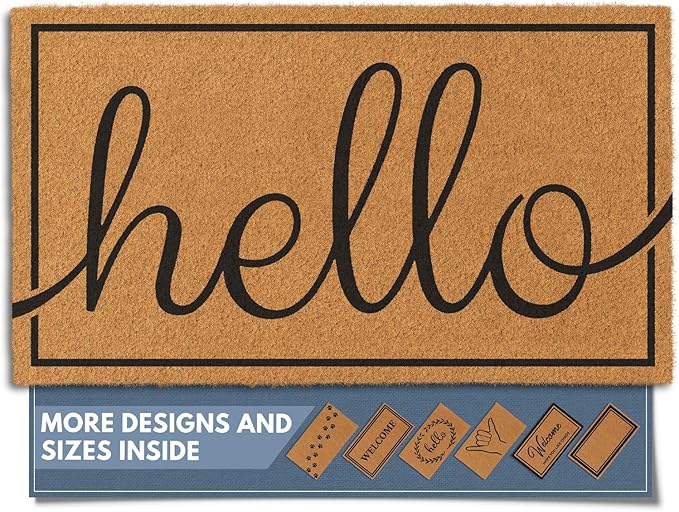 Barnyard Designs Natural Coco Coir Heavy Duty Backing Doormat - Large Cute Non-Slip Front Door Welcome Mat for Outside Entrance or Porch Entry, Brown (17x30, Hello)-Ruum Studio Home