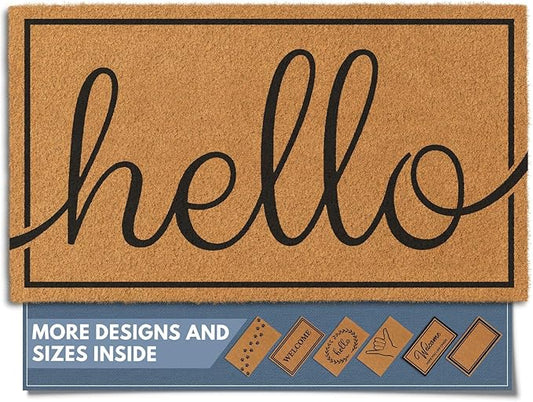 Barnyard Designs Natural Coco Coir Heavy Duty Backing Doormat - Large Cute Non-Slip Front Door Welcome Mat for Outside Entrance or Porch Entry, Brown (17x30, Hello)-Ruum Studio Home