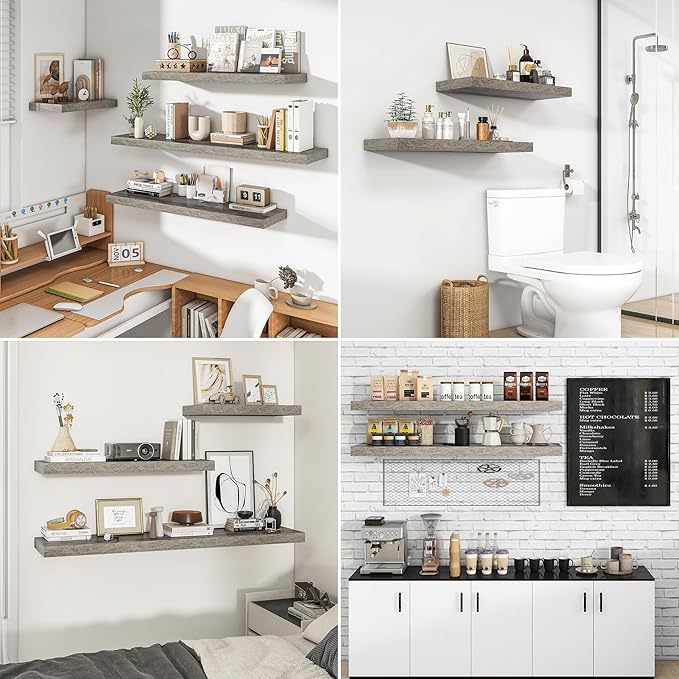 RICHFOCUS 48Inch Floating Shelves for Wall 2 Pack Shelves for Bedroom|Kitchen|Bathroom Wall Mounted Rustic Wood Floating Shelf with Invisible Brackets for Books|Storage|Decor, Grey-Ruum Studio Home