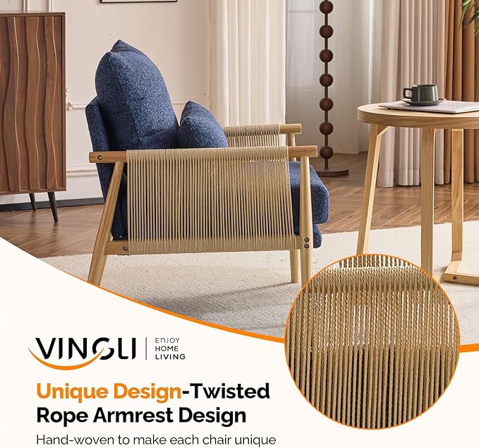 VINGLI Boho Braid Accent Armchair,Mid-Century Modern Chiar with Solid Wooden Armrest,Comfy Louge Cushion Chair with Waist Pillow for Bedroom,Living Room,Reading Room, Blue-Ruum Studio Home