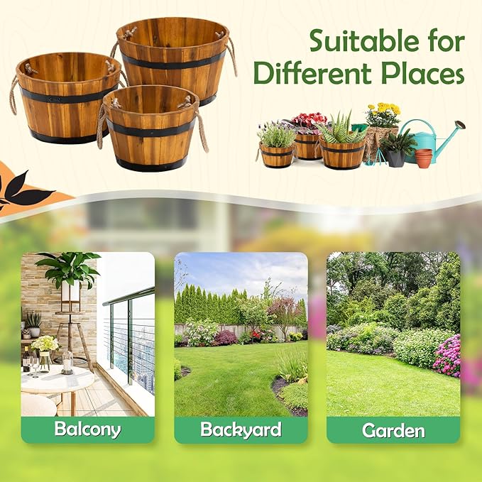 IDZO Set of 3 Wooden Flower Boxes Outdoor, Durable Acacia Wood Barrel Planters for Outdoor Plants with Ergonomic Handles, Drainage Holes, Multiple Sizes Wood Bucket Planter for Home Décor-Ruum Studio Home