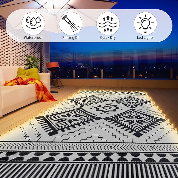6x9ft Waterproof Outdoor Rug with LED Lights, Boho Reversible Plastic Straw Mat for Patio RV Camping Picnic Balcony Beach Deck Indoor Outdoor Carpet, Black&White-Ruum Studio Home