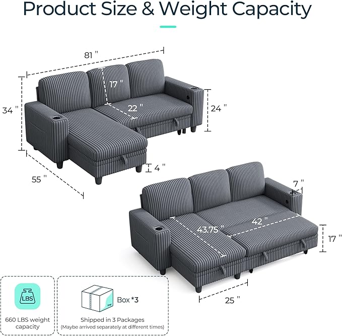LINSY HOME Sectional Sleeper Sofa with Pull Out Couch Bed Convertible Plush Corduroy Cloud Couch with Storage Chaise & USB Charging, Comfy L Shaped Modular Couches for Living Room Apartment (Grey)-Ruum Studio Home
