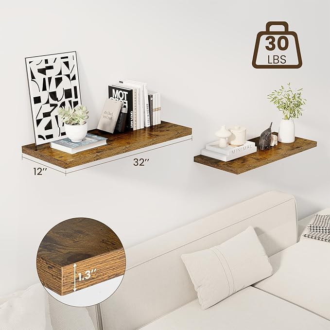 32" Floating Shelves for Wall, 12" Deep Slim Rustic Brown Floating Shelves, Wall-Mounted Shelves for Bedroom, Living Room, Kitchen, Bathroom - Set of 2-Ruum Studio Home