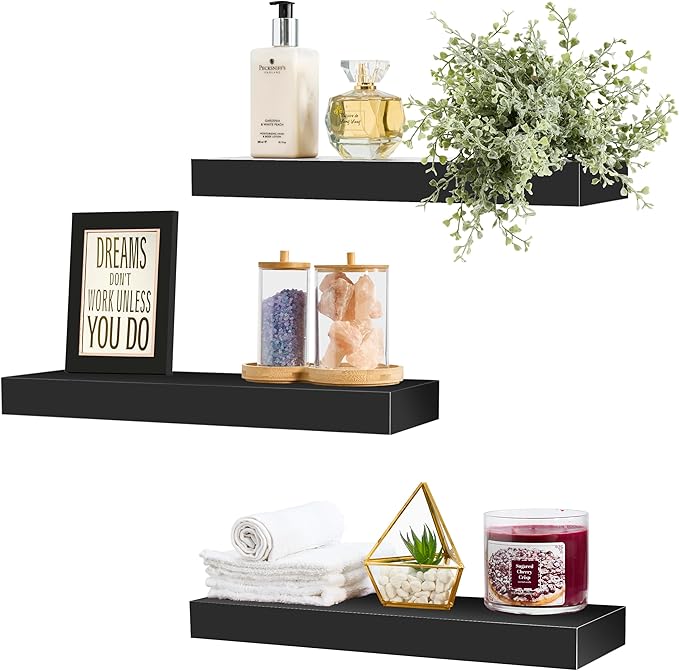 Sorbus Floating Shelves for Wall, Bathroom Shelves Wall Mounted for Kitchen, Bedroom, Bathroom Storage Over Toilet, Hanging Book Shelf for Wall Home Decor Living Room (Black, 3 Pack)-Ruum Studio Home