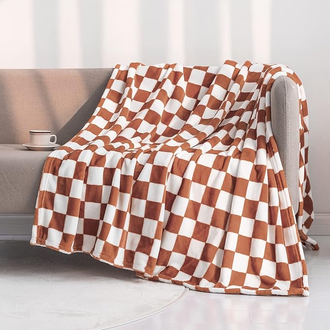 LOMAO Throw Blankets Flannel Blanket with Checkerboard Grid Pattern Soft Throw Blanket for Couch, Bed, Sofa Luxurious Warm and Cozy for All Seasons (Maple Brown, 60"x80")-Ruum Studio Home