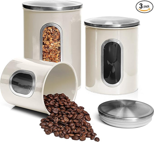 Moss & Stone 3-Piece Beige Canisters Sets For The Kitchen, Airtight Canister Set With See Through Window, Storage Jars for Coffee Container, Tea Organizer & Sugar Canister, Beige Kitchen Canisters-Ruum Studio Home