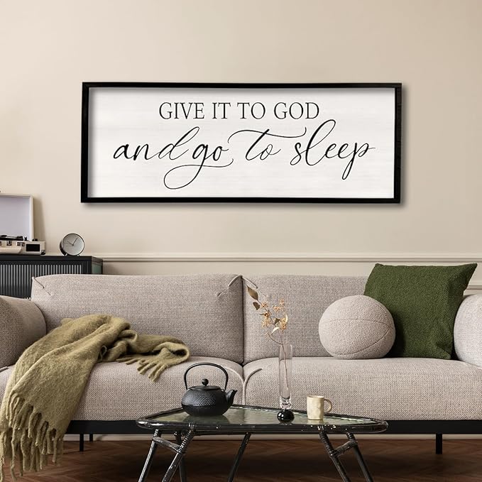 comurdyo Give It To God And Go to Sleep Sign 40''×15'' Master Bedroom Above Bed Wall Decor Wood Framed Couple Large Farmhouse Guest Room Rustic Simple Over Bedside Wall Art Hanging Decor (Black)-Ruum Studio Home