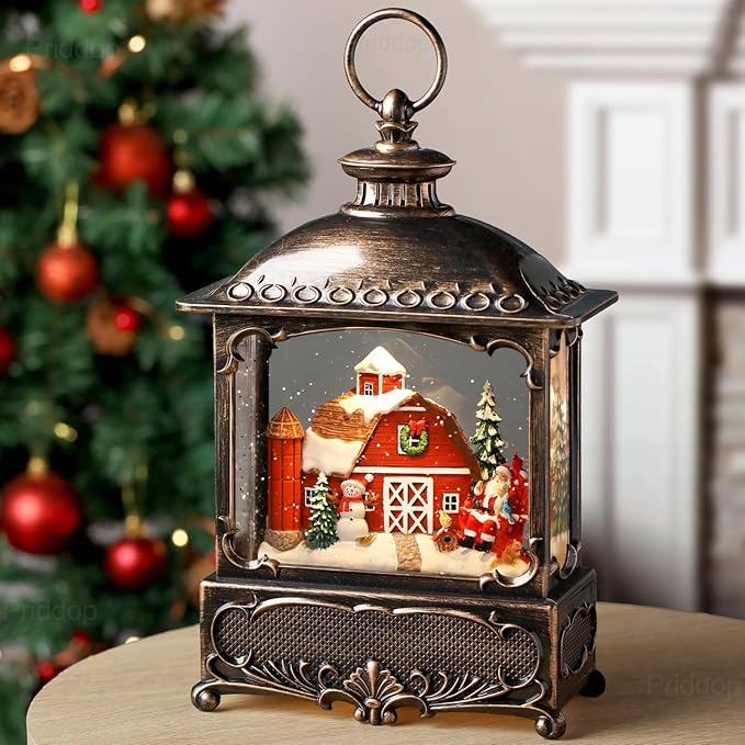 Christmas Snow Globe Lantern Christmas Decorations Gifts Barn Snowman Santa Claus Cardinal Winter Farm Scene Musical Glitter Snowfall USB/Battery Timer 12 inch-Ruum Studio Home