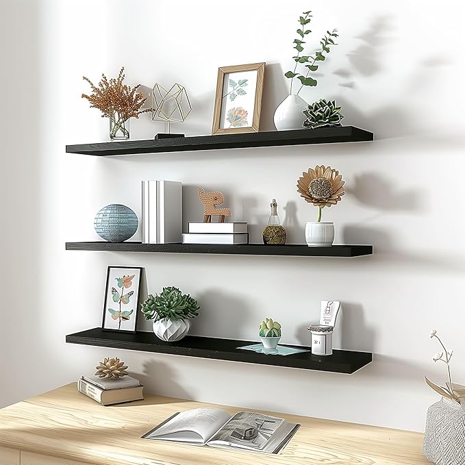 Wood Floating Shelves for Wall Decor, Rustic Wall Shelves for Bedroom Bathroom Kitchen Living Room, Set of 4 Black 36 Inch-Ruum Studio Home