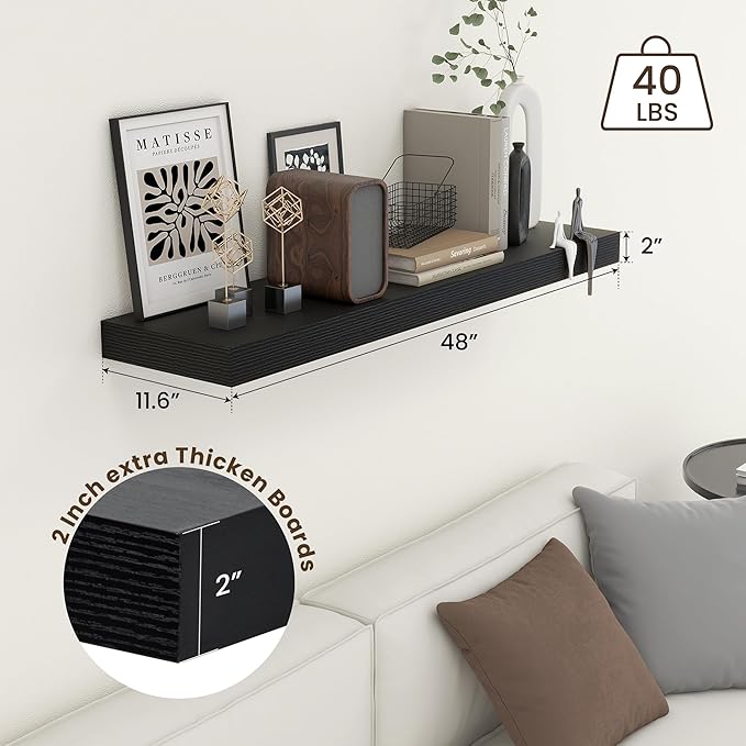 12'' Deep Floating Shelves, 48 Inch Large Floating Shelf Black, Deep Wall Shelves for Living Room Bathroom Laundry Room Bedroom Kitchen Home Office - Black-Ruum Studio Home