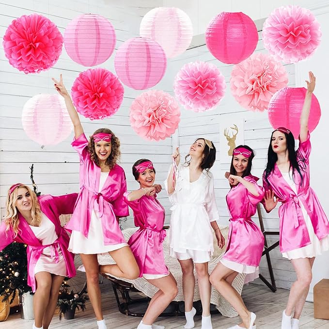 Light-Hot Pink Party-Decorations Paper-Flowers Lanterns - 15pcs Graduation Girl Birthday Decor Tissue Pom Poms Streamers, Bridal Baby Shower Wedding Bachelorette Valentine Hanging Supplies Hugfond-Ruum Studio Home