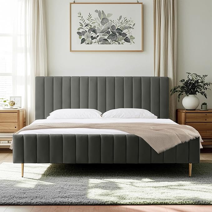 Livinia King Size Elton Velvet Platform Bed, Upholstered Bed Frame with Vertical Channel Tufted Headboard Footboard, Strong Wood Slats, No Box Spring Needed, Gray (King)-Ruum Studio Home
