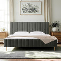 Livinia King Size Elton Velvet Platform Bed, Upholstered Bed Frame with Vertical Channel Tufted Headboard Footboard, Strong Wood Slats, No Box Spring Needed, Gray (King)-Ruum Studio Home