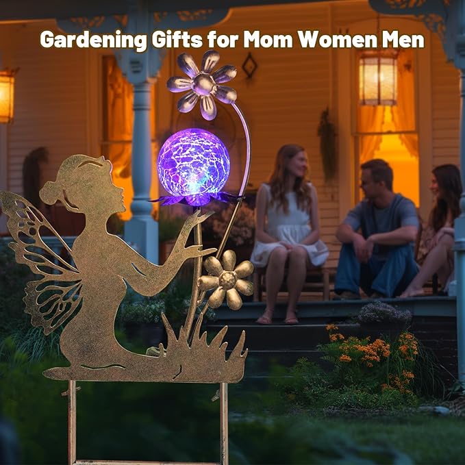 HONGLAND Solar Garden Lights Outdoor Decor, Fairy Figurine Moon Crackle Glass Lights Stake, Housewarming Ornament for Patio, Lawn, Yard, Pathway - Unique Gardening Gifts for Women Mom Grandma-Ruum Studio Home