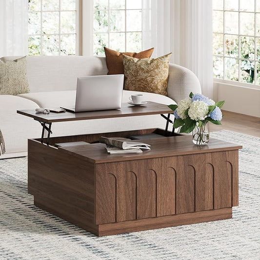 Lift Top Coffee Table with Storage, Mid Century Modern Coffee Table with Arched Design, 31.5" Square Tea Table with Wood Grain, Multifunctional Center Table for Living Room, Office, Walnut-Ruum Studio Home